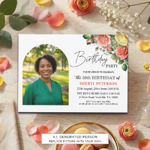 Invitation Fête d'anniversaire élégante florale avec photo 59