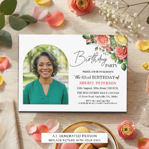 Invitation Fête d'anniversaire élégante florale avec photo 62