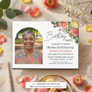 Invitation Fête d'anniversaire élégante florale avec photo 68