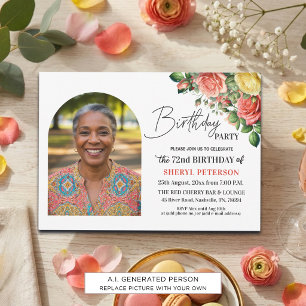 Invitation Fête d'anniversaire élégante florale avec photo 72