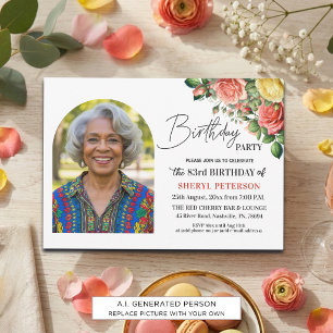 Invitation Fête d'anniversaire élégante florale avec photo 83