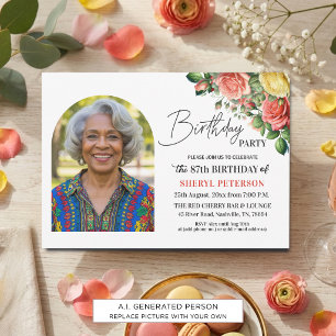 Invitation Fête d'anniversaire élégante florale avec photo 87