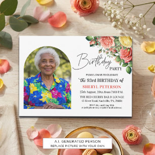 Invitation Fête d'anniversaire élégante florale avec photo 93