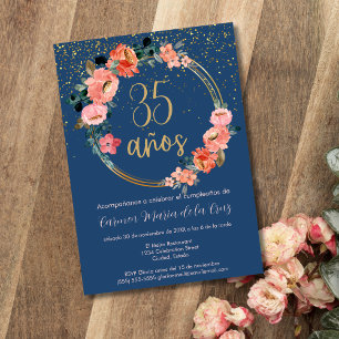 Invitation Fête d'anniversaire élégante florale bleue espagno