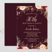 Invitation Fête d'anniversaire élégante florale Bourgogne 30  (Devant / Derrière)