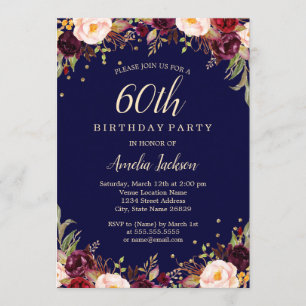 Invitation Fête d'anniversaire élégante florale Navy Bourgogn