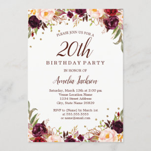 Invitation Fête d'anniversaire élégante florale or bordeaux 2