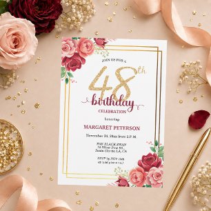 Invitation Fête d'anniversaire élégante Gold Blush Floral 48