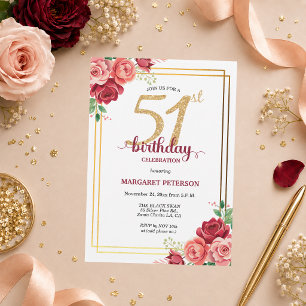 Invitation Fête d'anniversaire élégante Gold Blush Floral 51