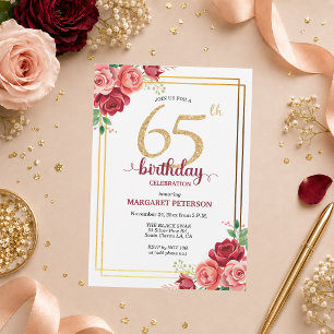 Invitation Fête d'anniversaire élégante Gold Blush Floral 65