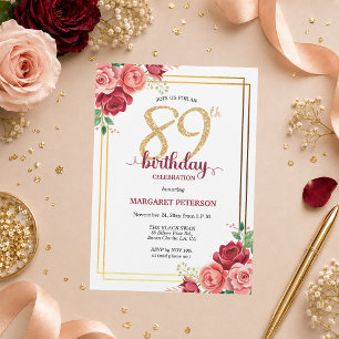 Invitation Fête d'anniversaire élégante Gold Blush Floral 89è