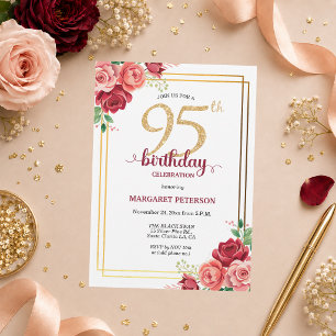 Invitation Fête d'anniversaire élégante Gold Blush Floral 95 