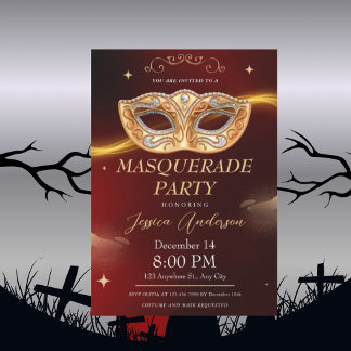 Invitation Fête d'anniversaire élégante Mascarade Or Noir