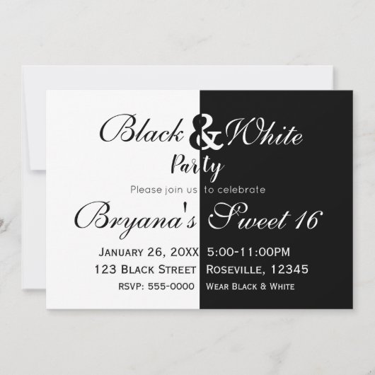 Invitation Fête d'anniversaire élégante moitié noire et blanc (Devant)