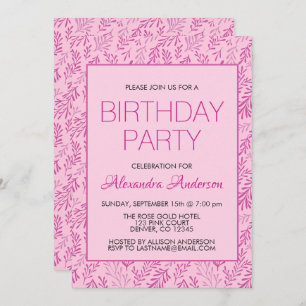 Invitation Fête d'anniversaire élégante Motif de feuilles ros