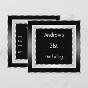 Invitation Fête d'anniversaire élégante noir blanc argent hom