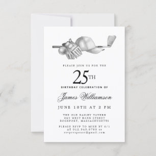 Invitation Fête d'anniversaire élégante noir blanc golf 25 an