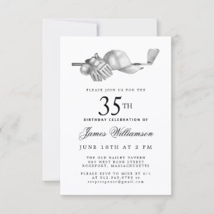 Invitation Fête d'anniversaire élégante noir blanc golf 35 an