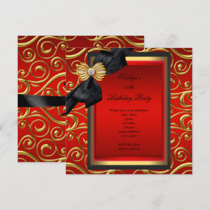 Invitation Fête d'anniversaire élégante noir damas rouge or