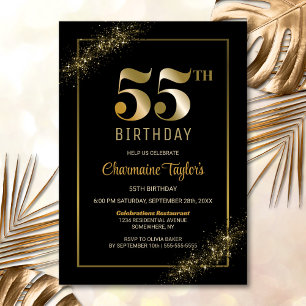 Invitation Fête d'anniversaire élégante noire et or 55 ans