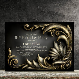 Invitation Fête d'anniversaire élégante noire et or pour 18 a