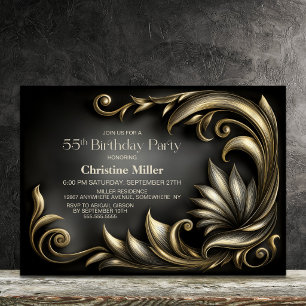 Invitation Fête d'anniversaire élégante noire et or pour 55 a