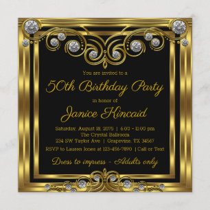 Invitation Fête d'anniversaire élégante noire et or pour femm