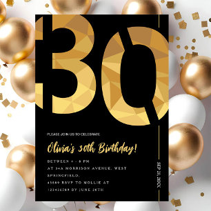 Invitation Fête d'anniversaire élégante noire et or pour les