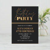 Invitation Fête d'anniversaire élégante noire et or script 47 (Debout devant)