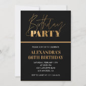 Invitation Fête d'anniversaire élégante noire et or script 66 (Devant)