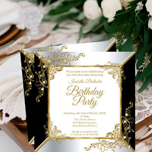 Invitation Fête d'anniversaire élégante noire or argent perle