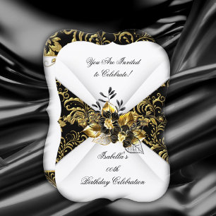 Invitation Fête d'anniversaire élégante noire or blanc floral