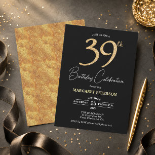 Invitation Fête d'anniversaire élégante noire paillettes or 3