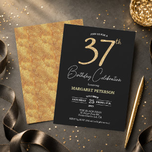 Invitation Fête d'anniversaire élégante noire paillettes or 3