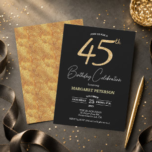 Invitation Fête d'anniversaire élégante noire paillettes or 4