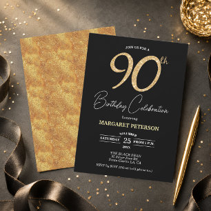 Invitation Fête d'anniversaire élégante noire paillettes or 9