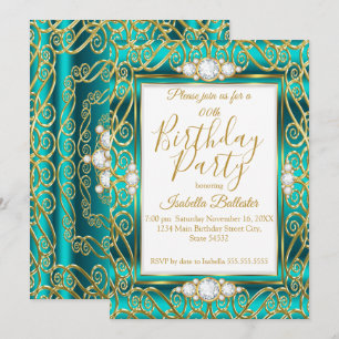 Invitation Fête d'anniversaire élégante Or Teal Jade Diamant
