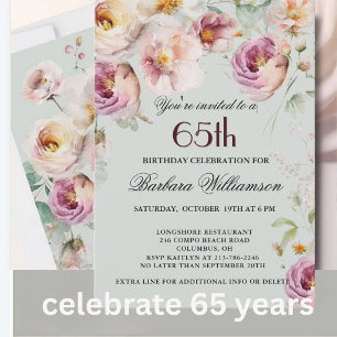 Invitation Fête d'anniversaire élégante peinte florale 65 ans