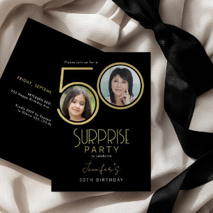 Invitation Fête d'anniversaire élégante photo noir or 50 ans