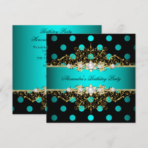 Invitation Fête d'anniversaire élégante pois noirs sarcelle o