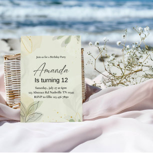 Invitation Fête d'anniversaire élégante pour fille aux feuill