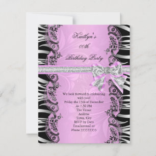 Invitation Fête d'anniversaire élégante rayée rose noir