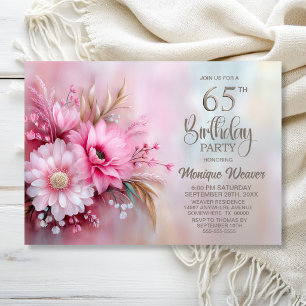 Invitation Fête d'anniversaire élégante rose florale 65 ans