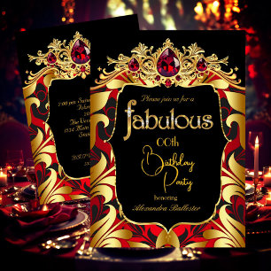 Invitation Fête d'anniversaire élégante rouge or noir damas g