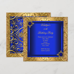 Invitation Fête d'anniversaire élégante Royal Blue Damask Or