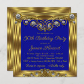 Invitation Fête d'anniversaire élégante royale bleue et or po (Devant / Derrière)