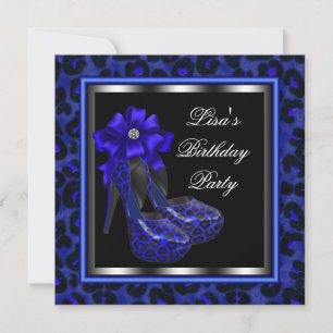 Invitation Fête d'anniversaire élégante royale bleue léopard