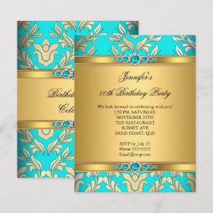 Invitation Fête d'anniversaire élégante sarcelle or damas per