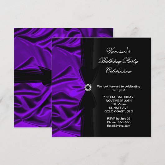 Invitation Fête d'anniversaire élégante Soie violet foncé noi (Devant / Derrière)