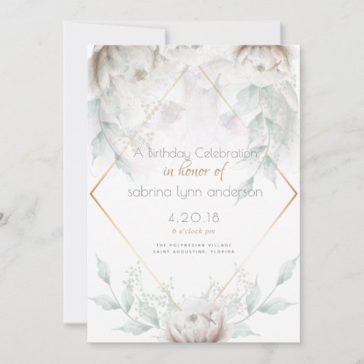 Invitation Fête d'anniversaire | Élégantes Peonies blanches e (Devant)